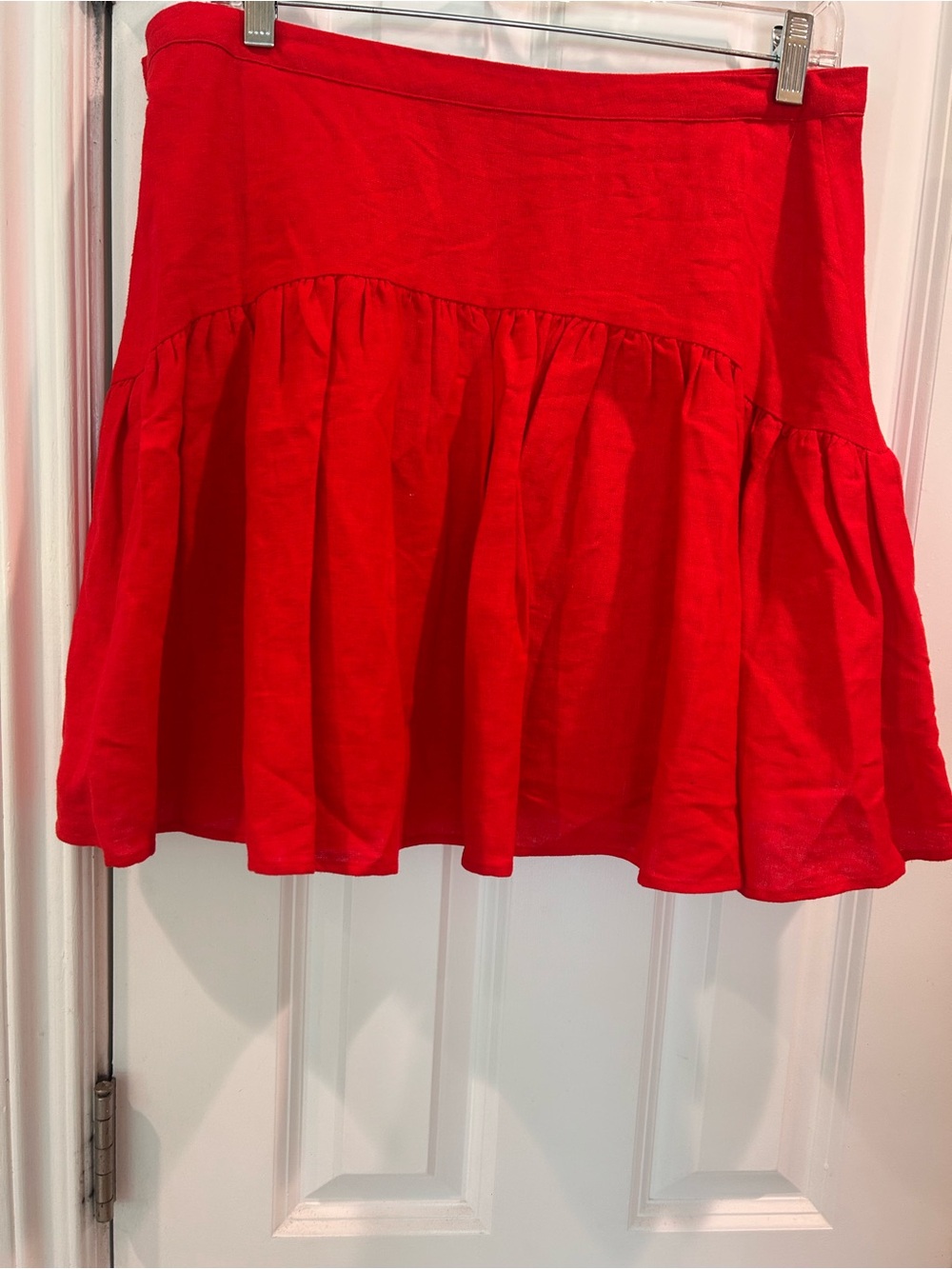 New Avec Les Filles Red Linen Blend Tiered Mini Skirt Flowy A-Line Ruffle Hem 2 - Picture 4 of 7